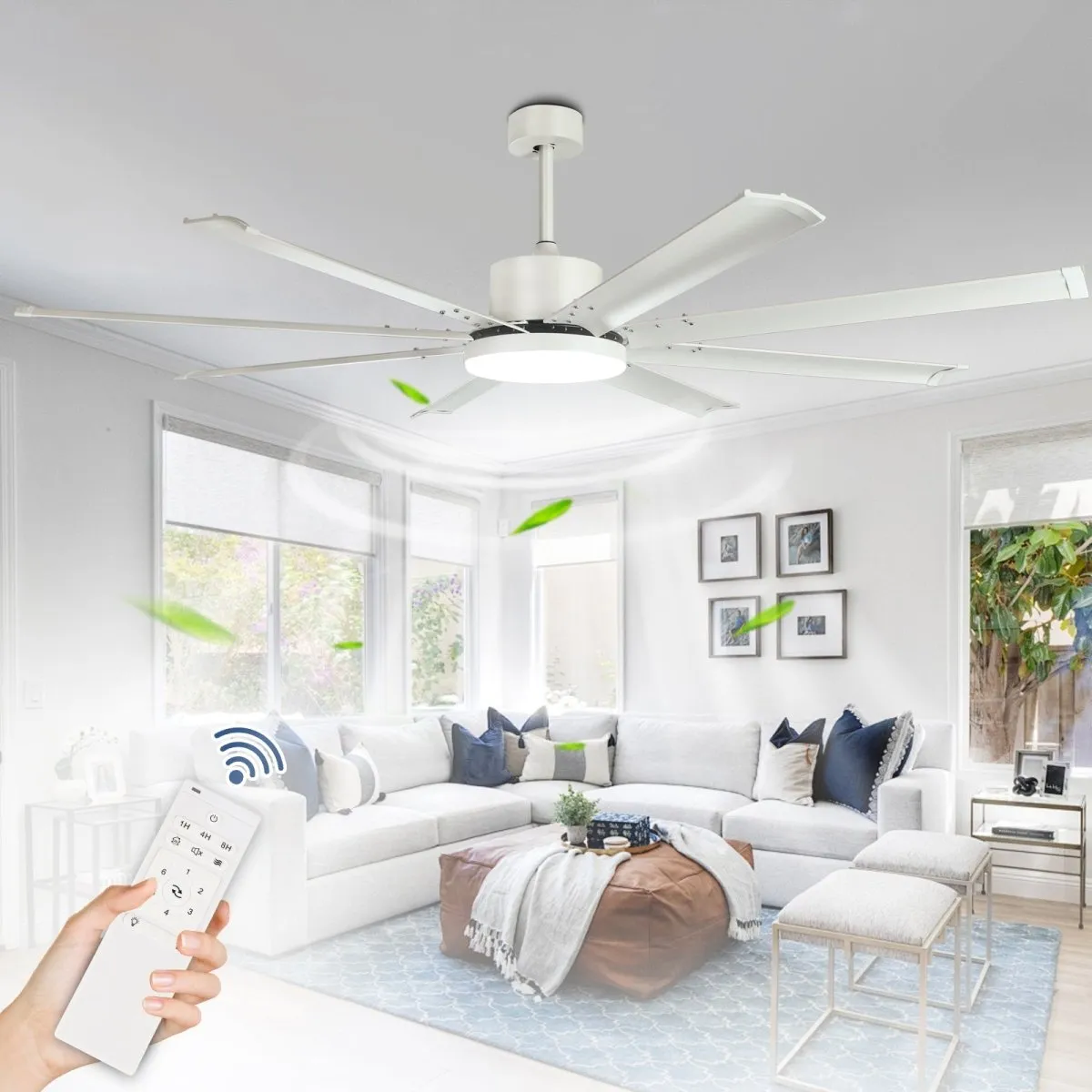 Depuley 72" White Ceiling Fans with Lights, Indoor/Outdoor Large Industrial Ceiling Fan with Remote Control, Reversible 8 Aluminum Blades and 6-Speed, 3CCT Dimmable LED Ceiling Fans for Bedroom Patio