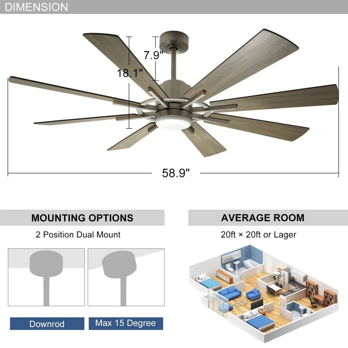 Depuley Ceiling Fan with Lights, 60" Reversible Large Industrial Ceiling fan with 8 Plywood Blades, 3 Light Colors Fandelier Ceiling Fans with Remote for Indoor and Covered Outdoor, 5-Speed Timer Gray