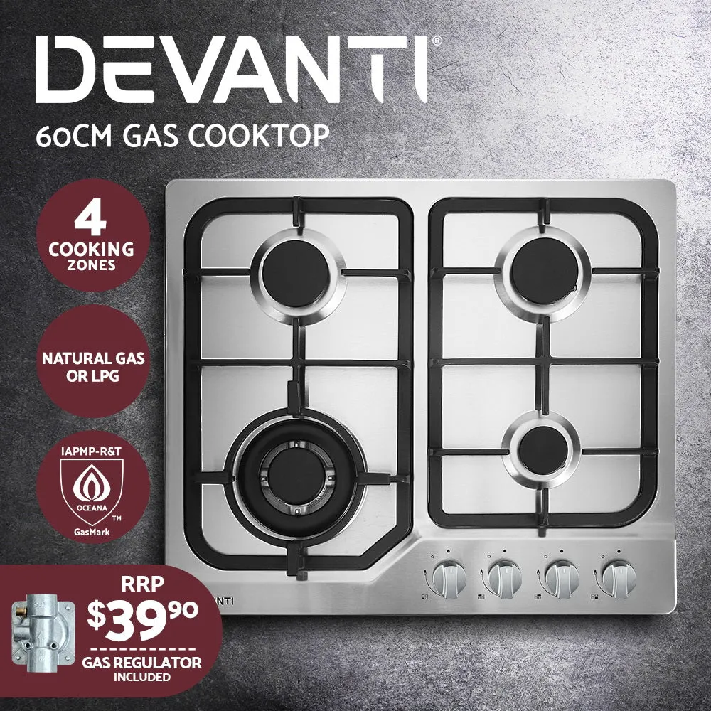 Devanti Gas Cooktop 60cm 4 Burner Silver