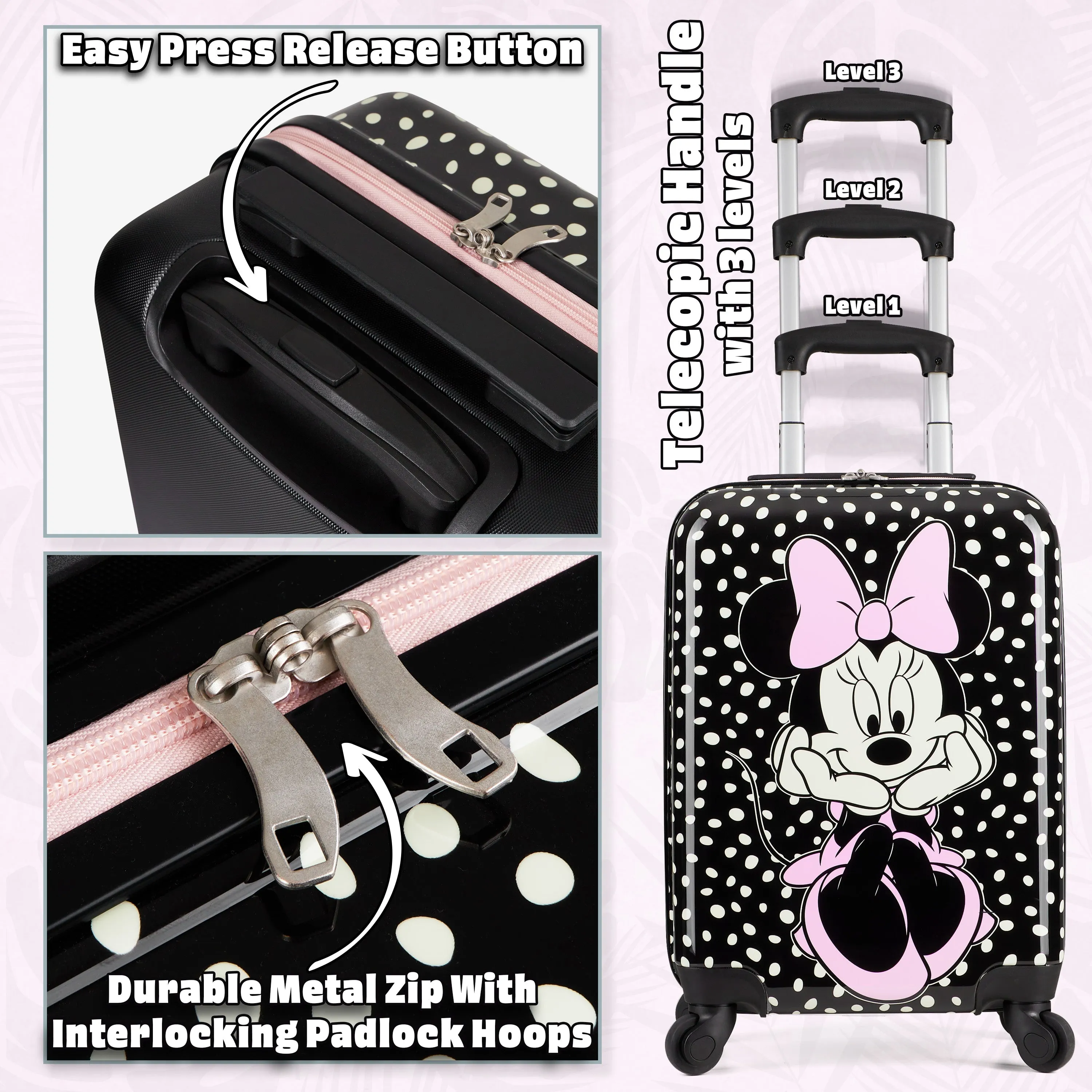 Disney Carry On Suitcase for Kids, Minnie Mouse Cabin Bag with Wheels