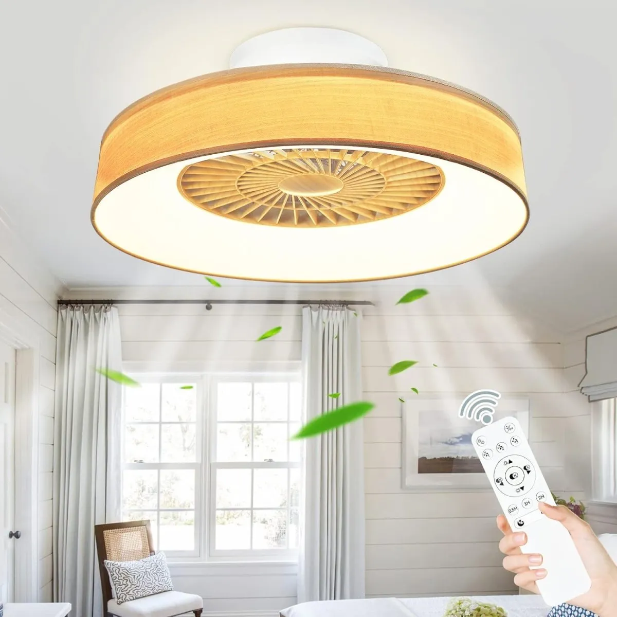 DLLT Low Profile Ceiling Fan - 22 or 18 Inch Bladeless Ceiling Fan with Light and Remote, 3 Colors Dimmable LED 3 Speeds 5 Blades Enclosed Ceiling Fans with Light for Living Room Bedroom, Wood Grain