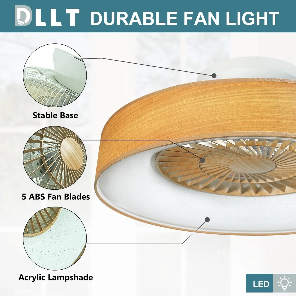 DLLT Low Profile Ceiling Fan - 22 or 18 Inch Bladeless Ceiling Fan with Light and Remote, 3 Colors Dimmable LED 3 Speeds 5 Blades Enclosed Ceiling Fans with Light for Living Room Bedroom, Wood Grain