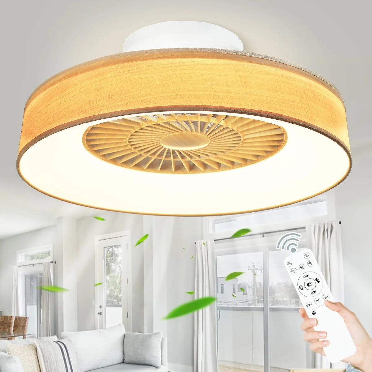 DLLT Low Profile Ceiling Fan - 22 or 18 Inch Bladeless Ceiling Fan with Light and Remote, 3 Colors Dimmable LED 3 Speeds 5 Blades Enclosed Ceiling Fans with Light for Living Room Bedroom, Wood Grain