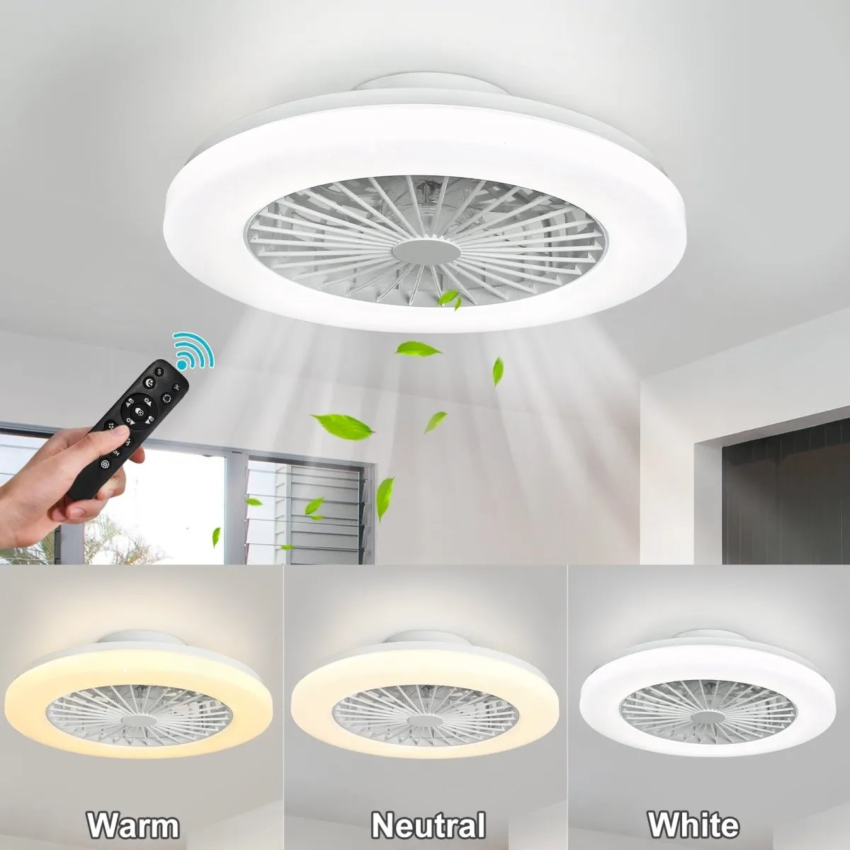 DLLT Low Profile Ceiling Fan with Light Smart Bladeless Ceiling Fans with RGB Lights Changing LED 3 Wind Speeds Festival Ambient Flush Mount Fan Light for Bedroom Livingroom Children's Room