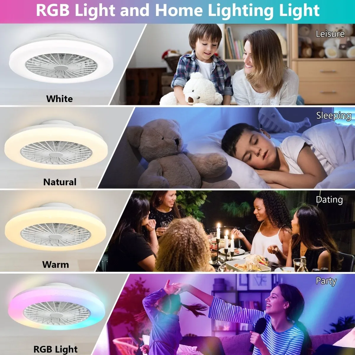 DLLT Low Profile Ceiling Fan with Light Smart Bladeless Ceiling Fans with RGB Lights Changing LED 3 Wind Speeds Festival Ambient Flush Mount Fan Light for Bedroom Livingroom Children's Room