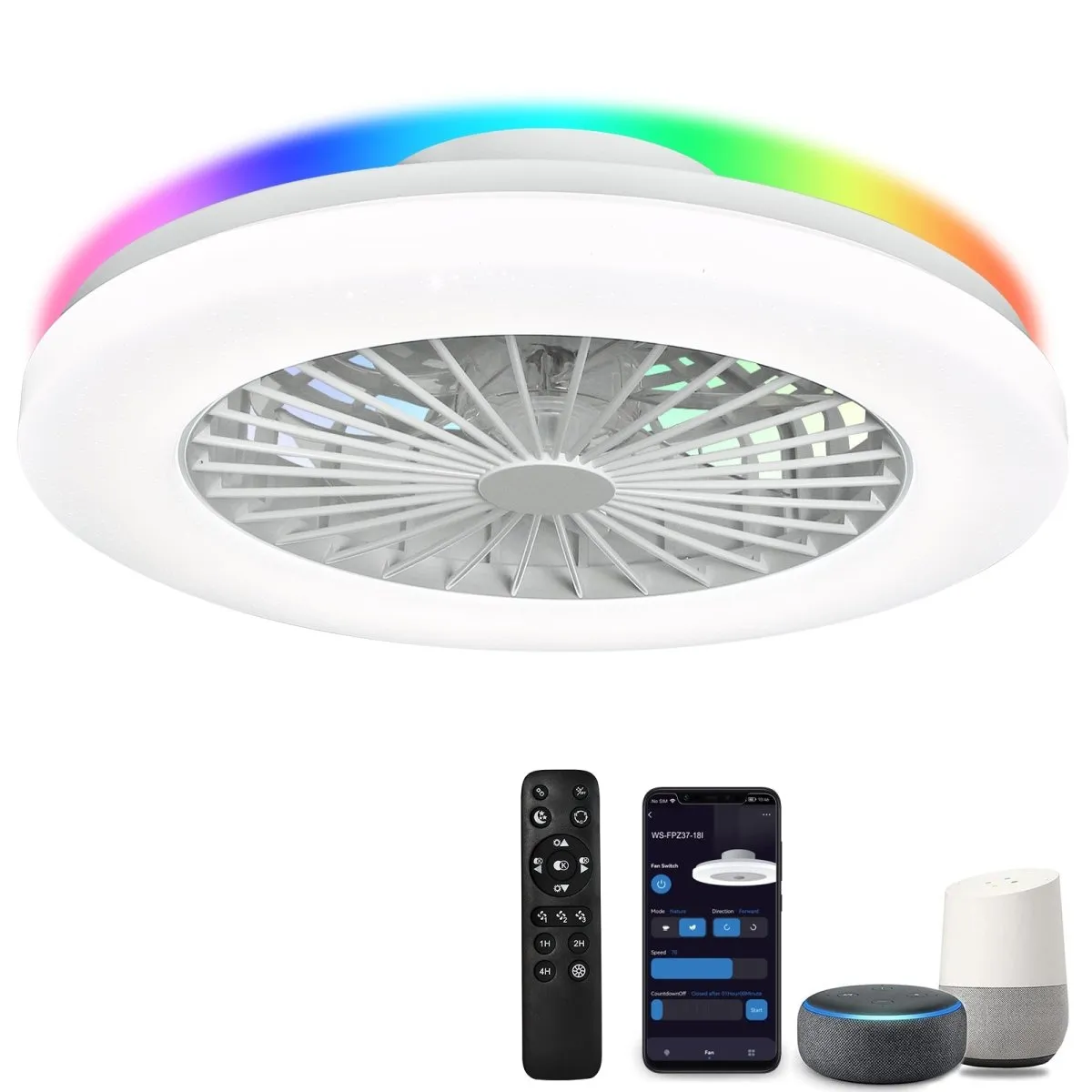 DLLT Low Profile Ceiling Fan with Light Smart Bladeless Ceiling Fans with RGB Lights Changing LED 3 Wind Speeds Festival Ambient Flush Mount Fan Light for Bedroom Livingroom Children's Room