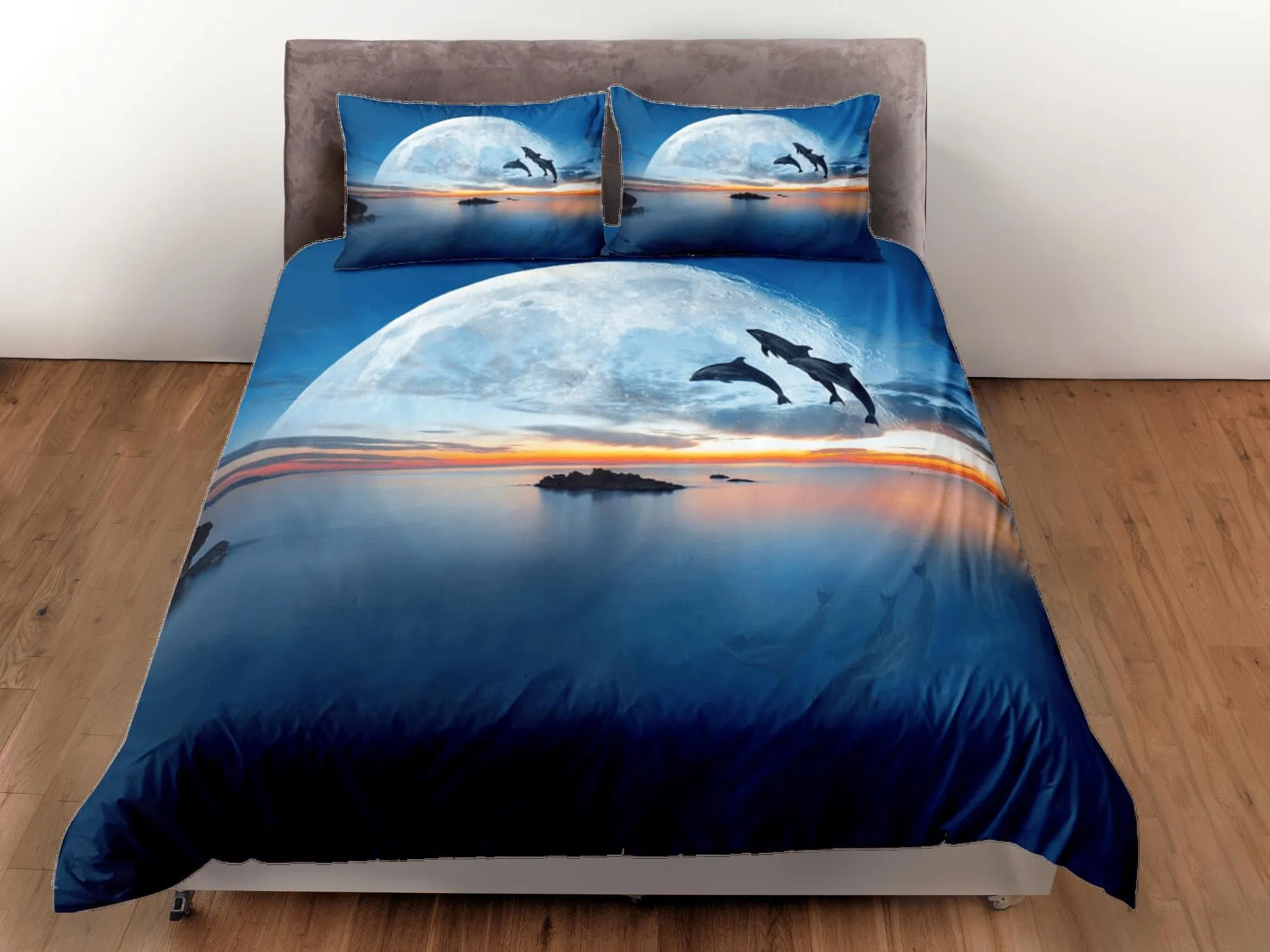 Dolphin dash blue moon duvet cover set galaxy bedding, space bedding set full, duvet cover king, queen, dorm bedding, toddler bedding