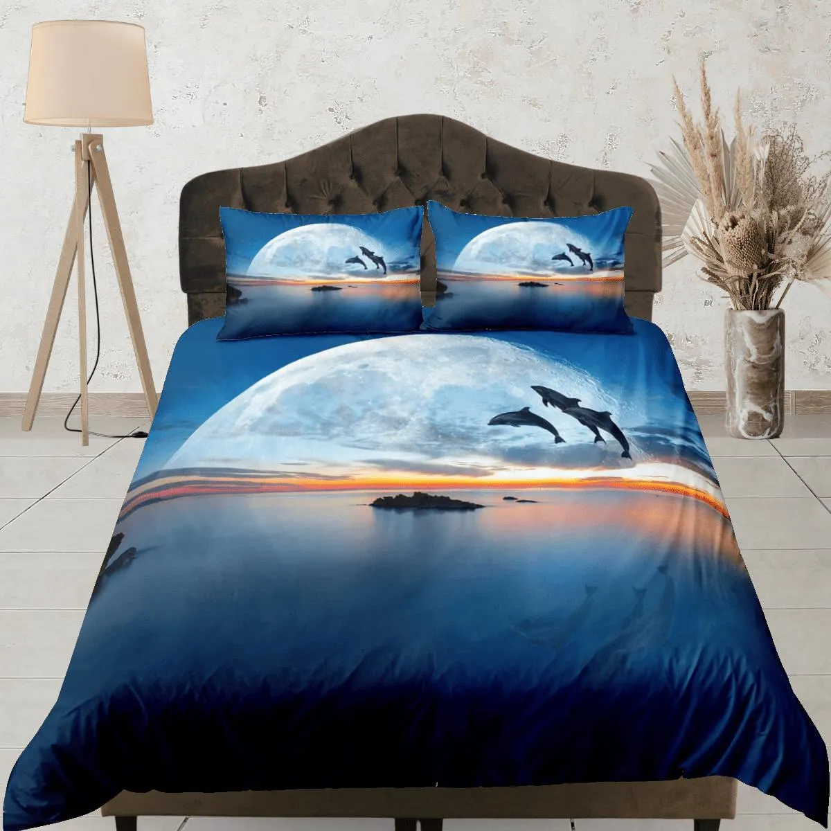 Dolphin dash blue moon duvet cover set galaxy bedding, space bedding set full, duvet cover king, queen, dorm bedding, toddler bedding