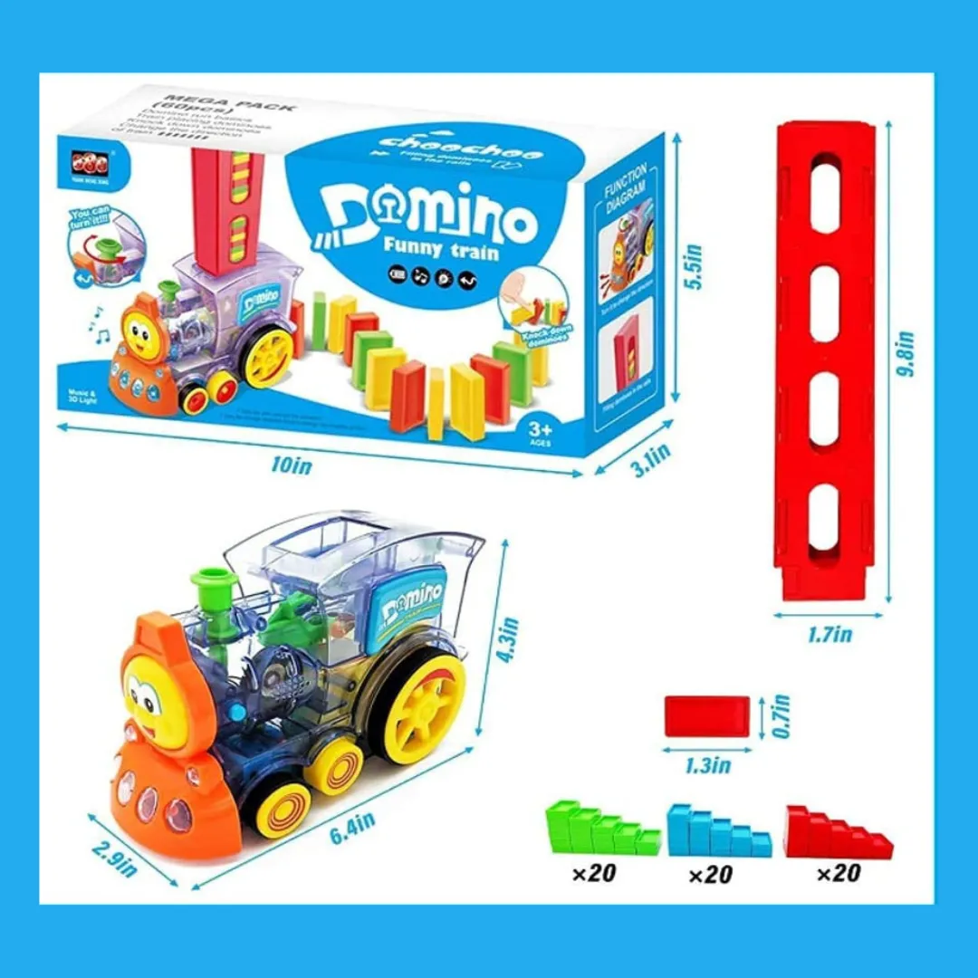 Domino Train Combo and Free Fan | Domino Train Set with 60 Pcs | 4 Die Metal Car Set | Free Hand Fan | Building Blocks for Kids 3-12