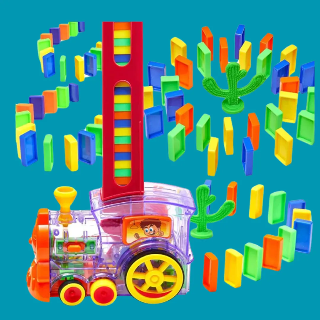 Domino Train Combo and Free Fan | Domino Train Set with 60 Pcs | 4 Die Metal Car Set | Free Hand Fan | Building Blocks for Kids 3-12