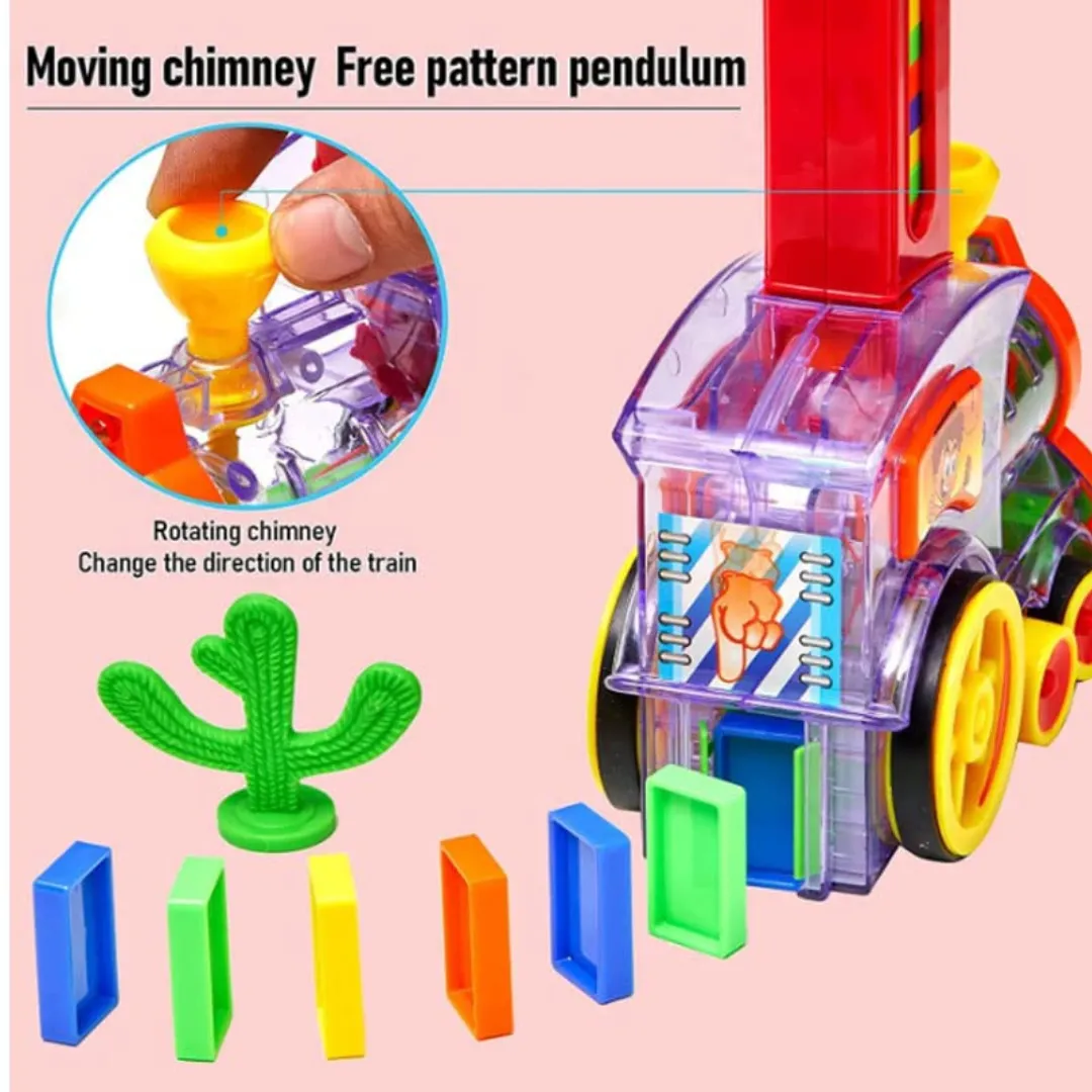 Domino Train Combo and Free Fan | Domino Train Set with 60 Pcs | 4 Die Metal Car Set | Free Hand Fan | Building Blocks for Kids 3-12