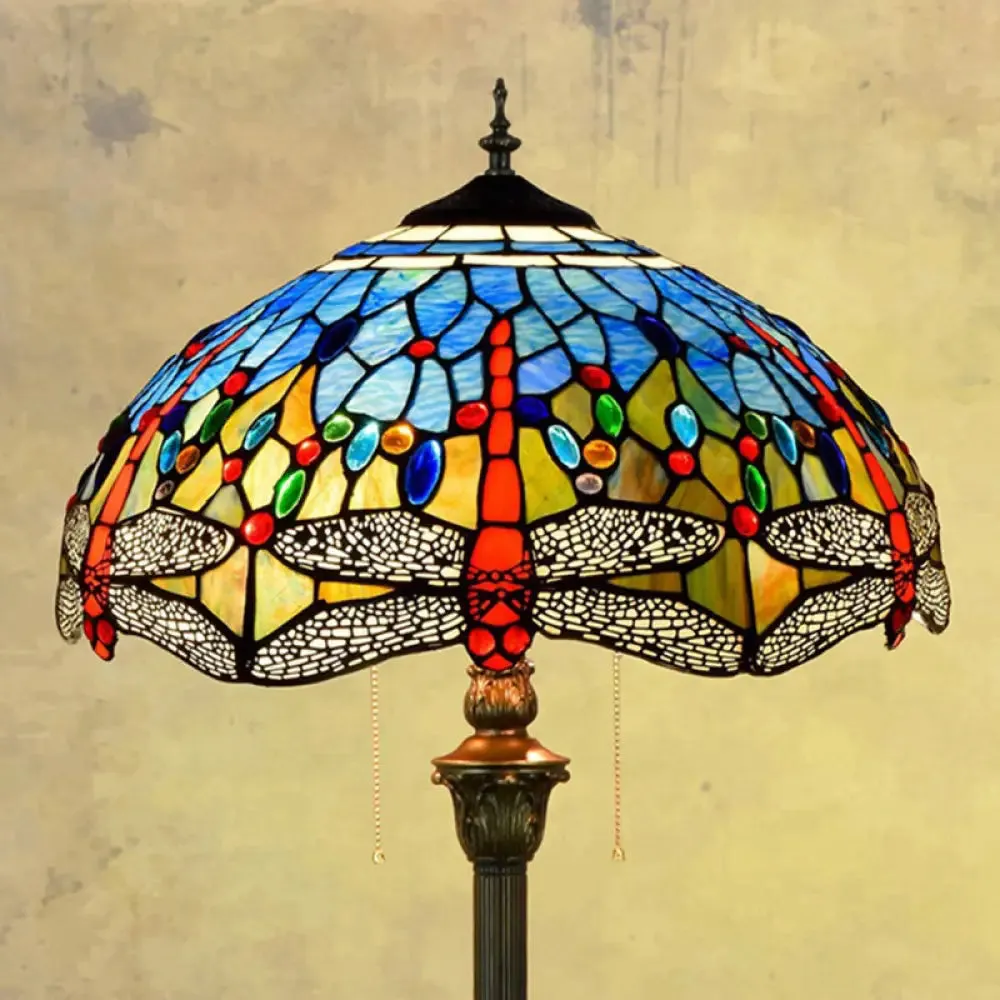 Dragonfly Stained Art Glass Tiffany Floor Lamp - 2 Heads, Blue with Pull Chain