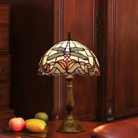 Dragonfly Table Light: Baroque 1-Light Stained Glass Night Lamp in Bronze with Bowl Shade