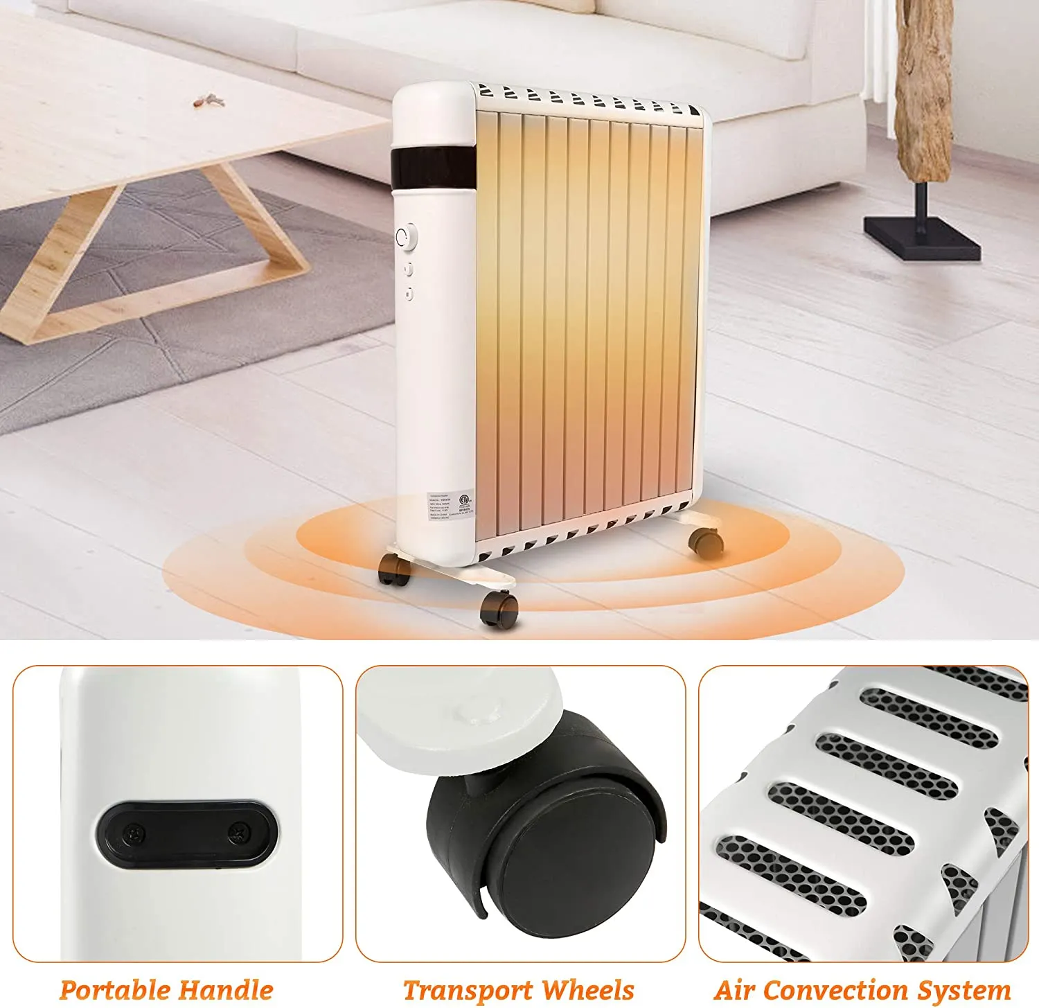 Electric Space Heater 1500W Panel Convector Heater with Wheels for Indoor Use Room Sizes up to 215ft.