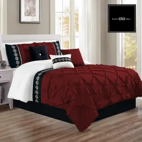 Embroidered Pintuck Duvet 8 Pieces - Maroon & Black