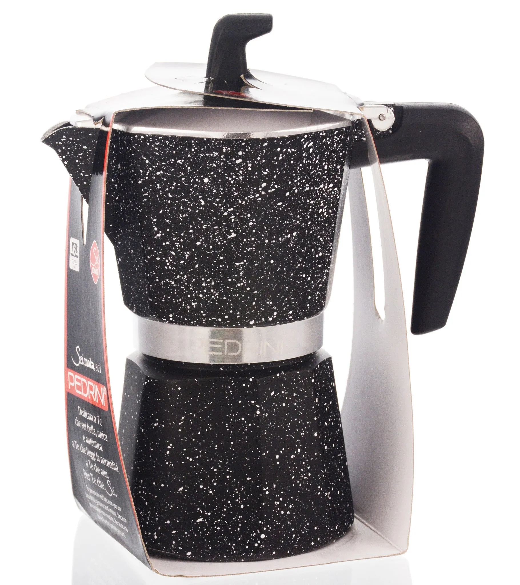 Espresso Coffee Maker Moka Pot: PEDRINI ITALY Sei Moka Polished Aluminium -Marble, available in 4 sizes