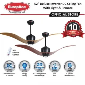 EuropAce ECF7521S  52" Deluxe Inverter DC Celing Fan With Light & Remote