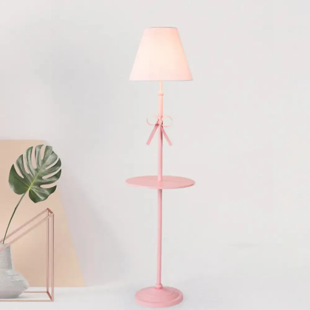 Fabric Conic Floor Standing Lamp for Kids - Single Beige/Pink Lighting with Table and Bow-Knot