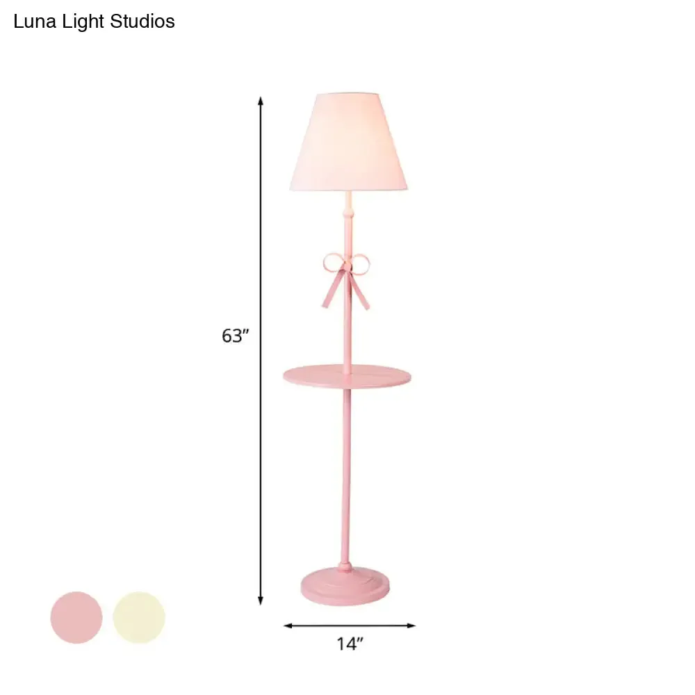 Fabric Conic Floor Standing Lamp for Kids - Single Beige/Pink Lighting with Table and Bow-Knot