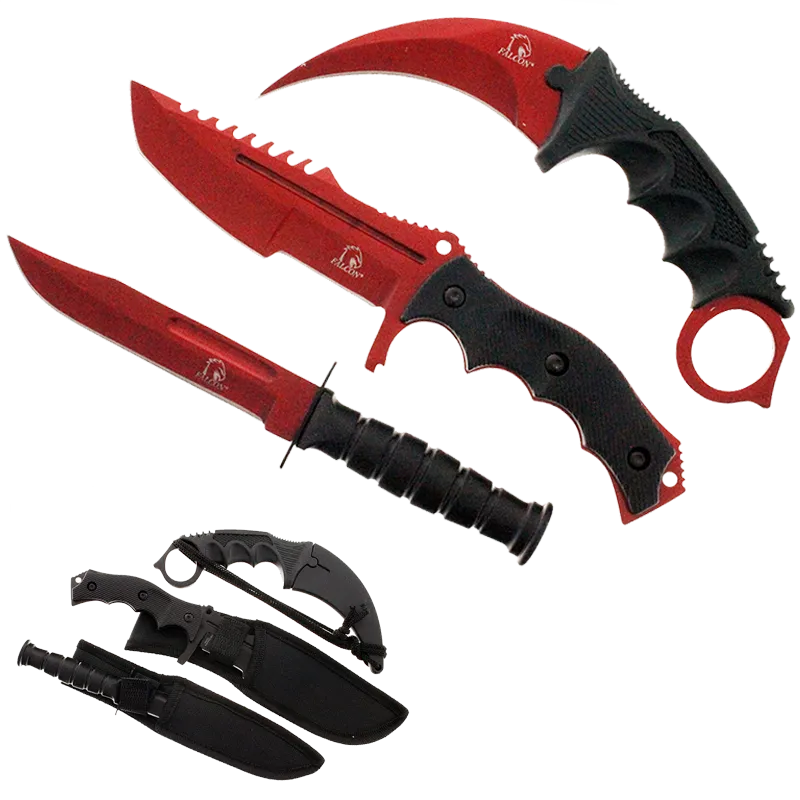 Falcon 3 PCS Red Set. Tactical Knives & Karambit