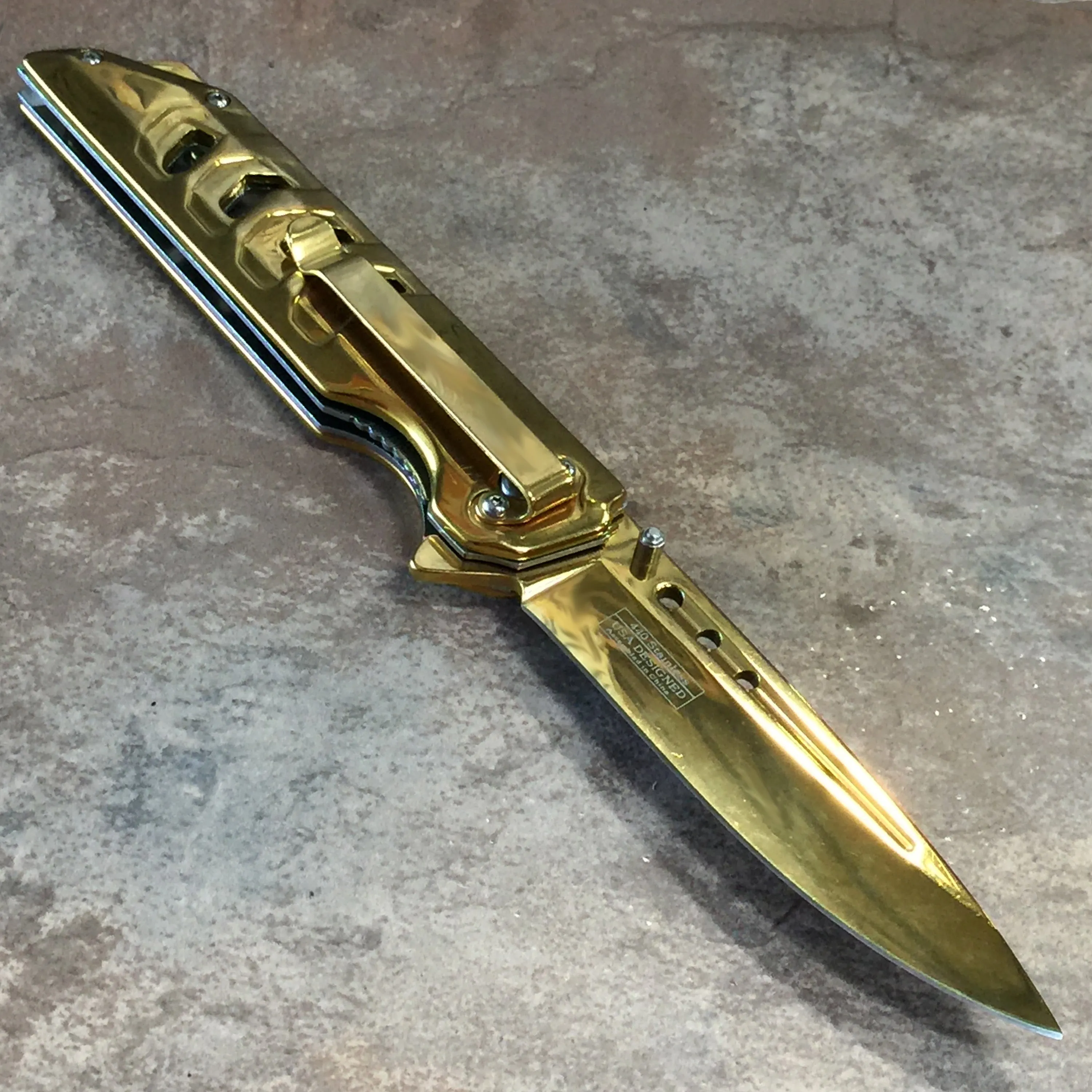 Falcon 8 3/4"Spring Assisted Pocket Knife Mirror Gold