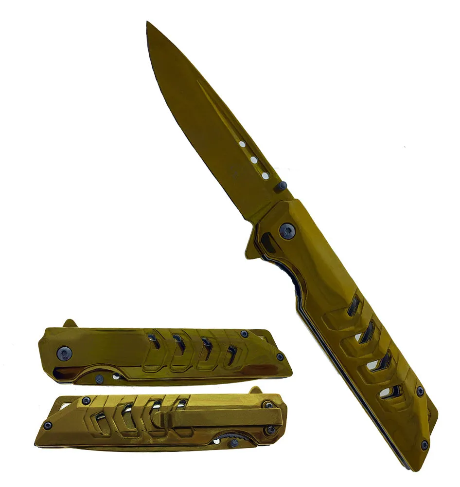 Falcon 8 3/4"Spring Assisted Pocket Knife Mirror Gold