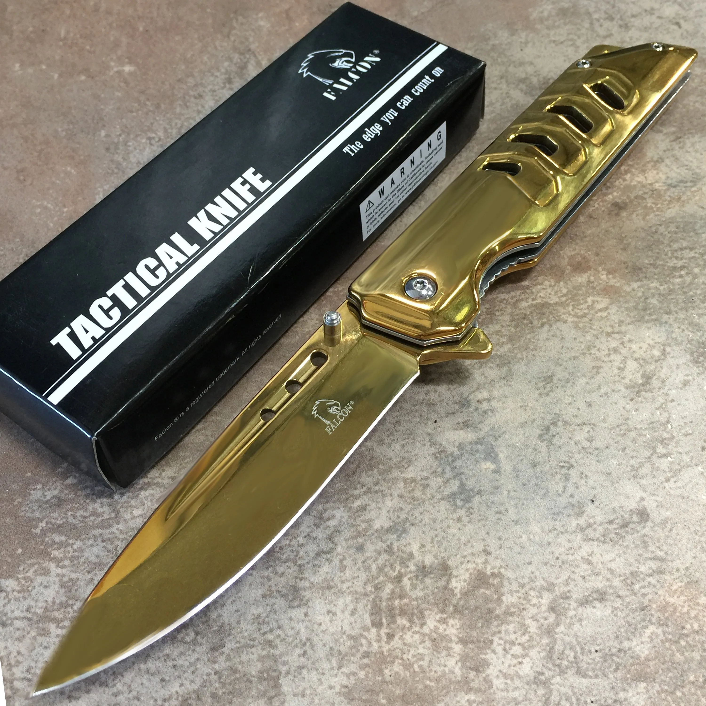 Falcon 8 3/4"Spring Assisted Pocket Knife Mirror Gold