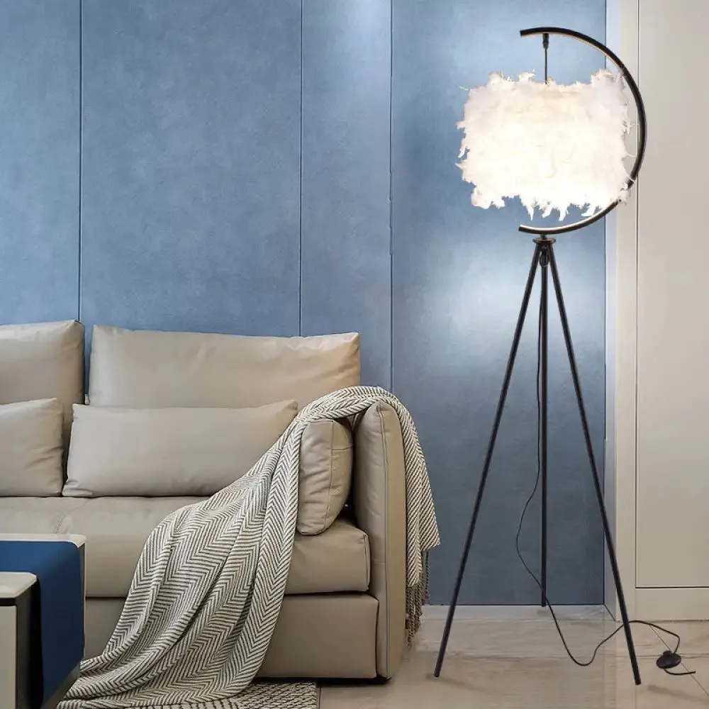 Feather Deco Drum Floor Lamp - Contemporary Tri-Leg Design - Black/Gold - Perfect for Single Bedrooms