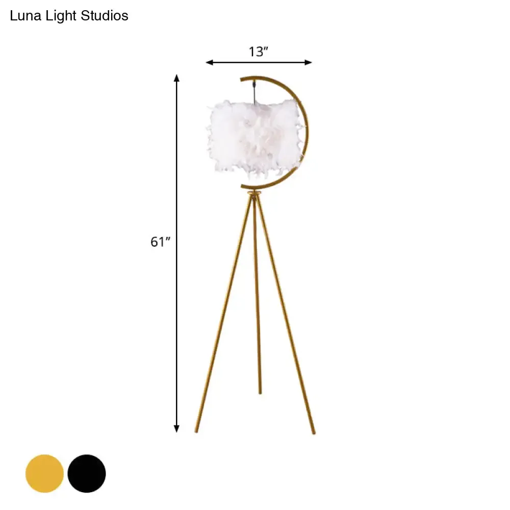 Feather Deco Drum Floor Lamp - Contemporary Tri-Leg Design - Black/Gold - Perfect for Single Bedrooms