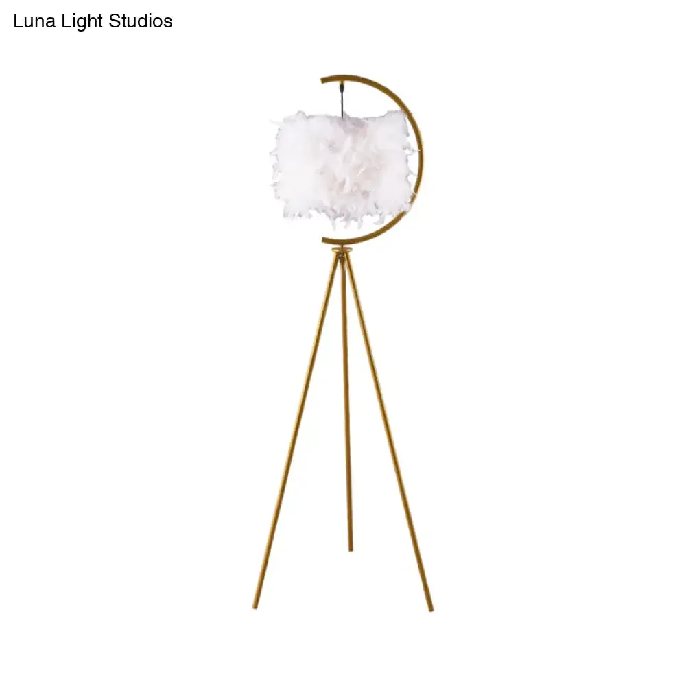 Feather Deco Drum Floor Lamp - Contemporary Tri-Leg Design - Black/Gold - Perfect for Single Bedrooms