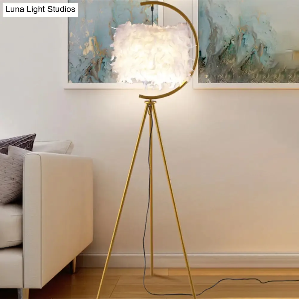 Feather Deco Drum Floor Lamp - Contemporary Tri-Leg Design - Black/Gold - Perfect for Single Bedrooms