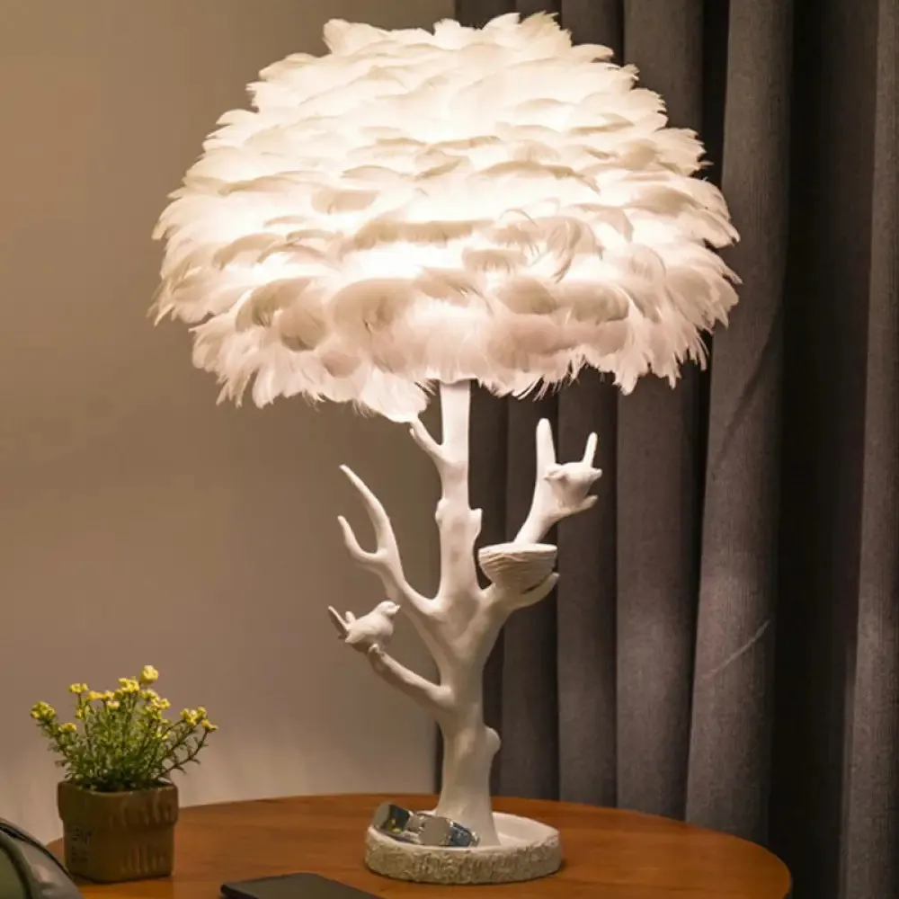 Feather Shade Resin Table Lamp: Artistic Tree Branch Design, Ideal for Living Room Nightstands, White