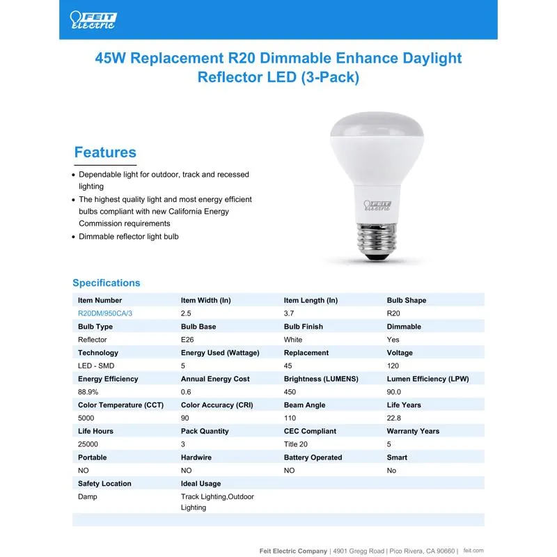 Feit Enhance R20 E26 (Medium) LED Bulb Daylight 45 Watt Equivalence 3 pk