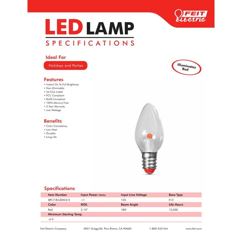 Feit LED Specialty C7 E12 (Candelabra) LED Bulb Red 0.25 Watt Equivalence 2 pk