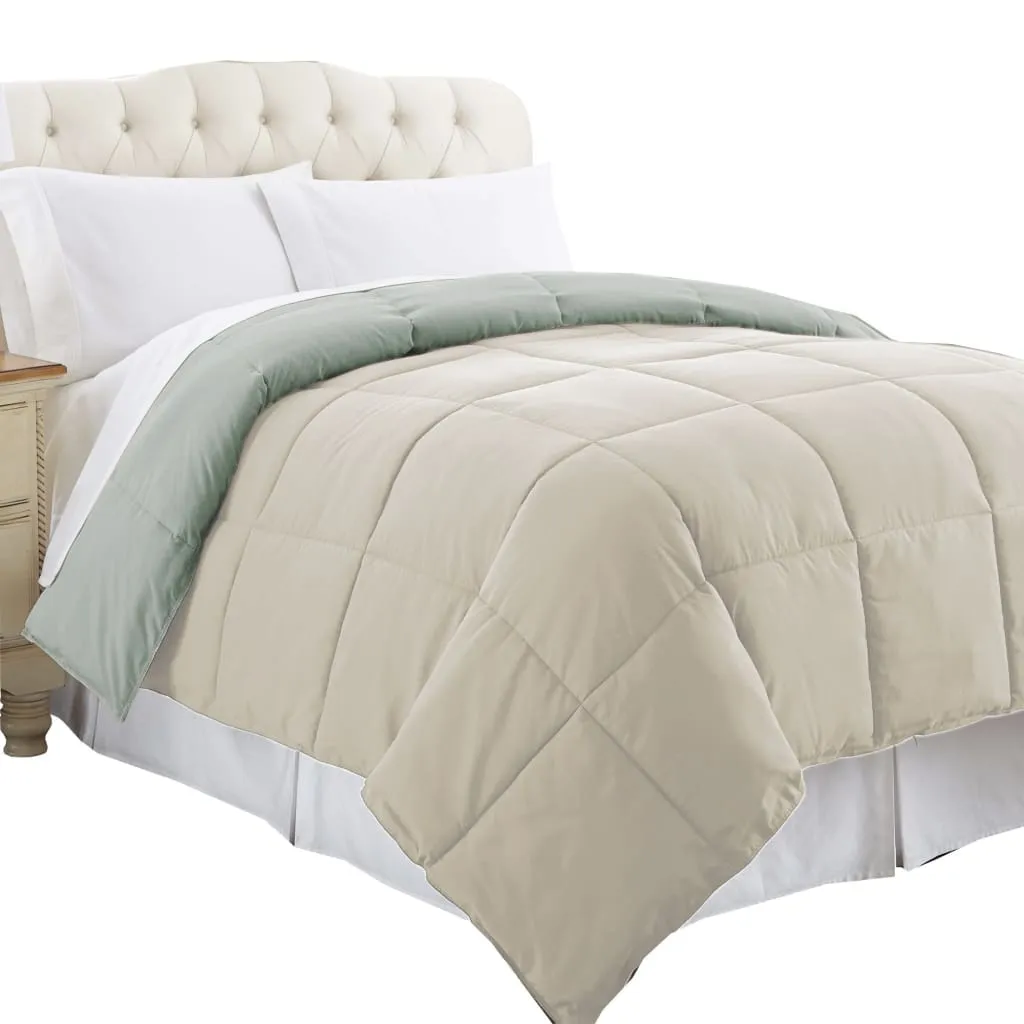 Genoa King Size Box Quilted Reversible Comforter By Casagear Home, Gray and Beige