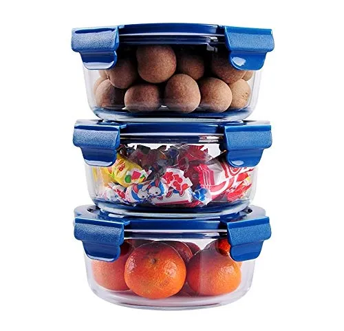 ginoya brothers -Glass Food Storage Containers with Lids, Round Glass Meal Prep Containers, Airtight Glass Lunch,BPA Free & Leak Proof [Pack-3]