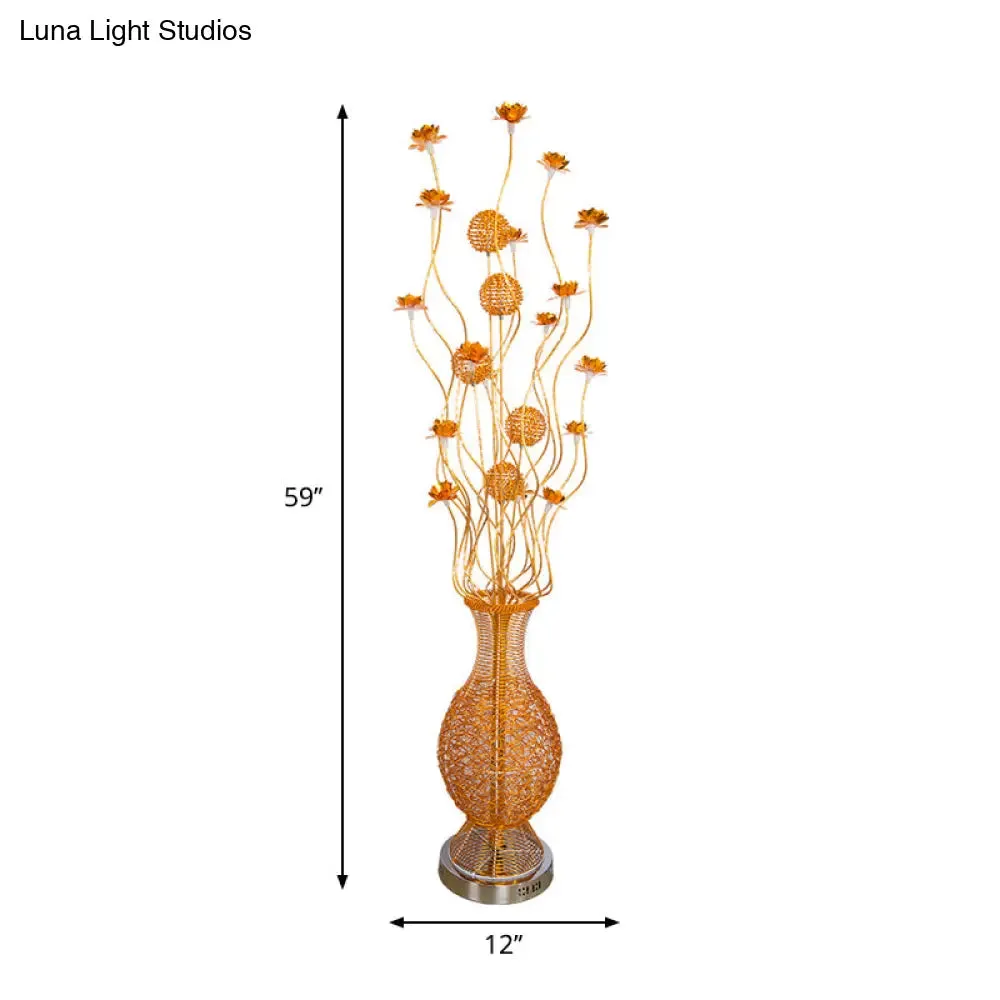 Gold Aluminum LED Oval Twig Floor Lamp with Flower Art Decor