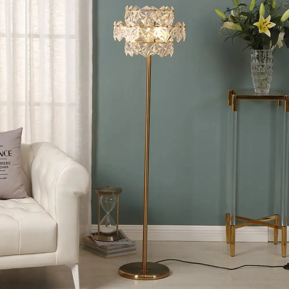 Gold Tiered Hexagon Crystal Floor Lamp - Mid Century 1-Light, Stand Up Lighting for Sitting Room