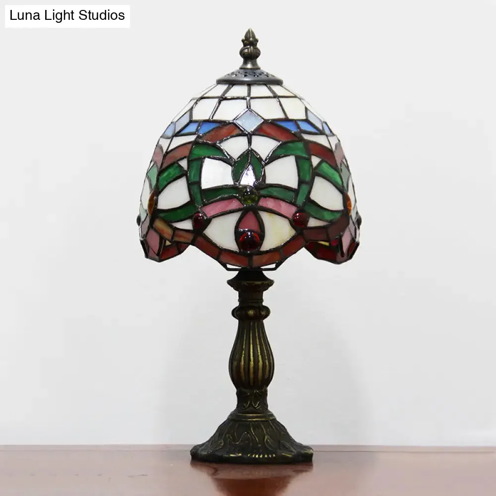 Green Baroque Glass Table Lamp with Hand Cut Bowl Shade - Bedroom Night Lighting