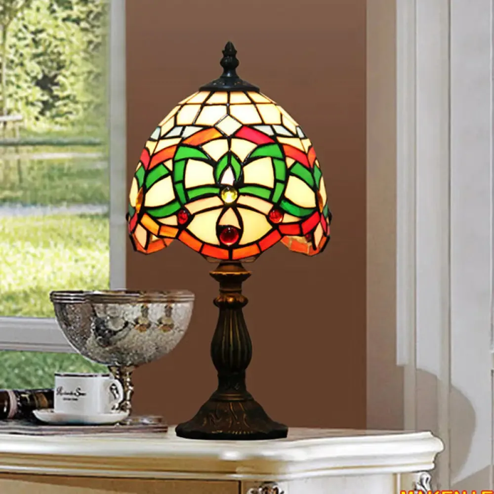 Green Baroque Glass Table Lamp with Hand Cut Bowl Shade - Bedroom Night Lighting