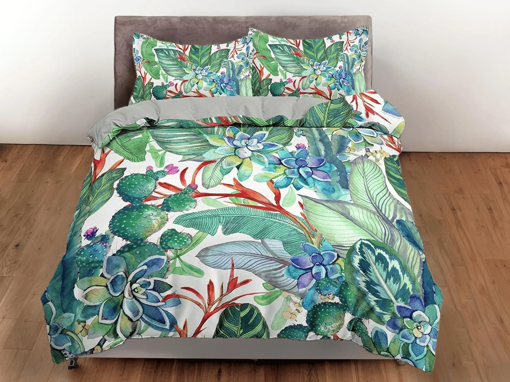 Green bedding succulents duvet cover queen, king, boho duvet, designer bedding, aesthetic bedding, maximalist full size bedding