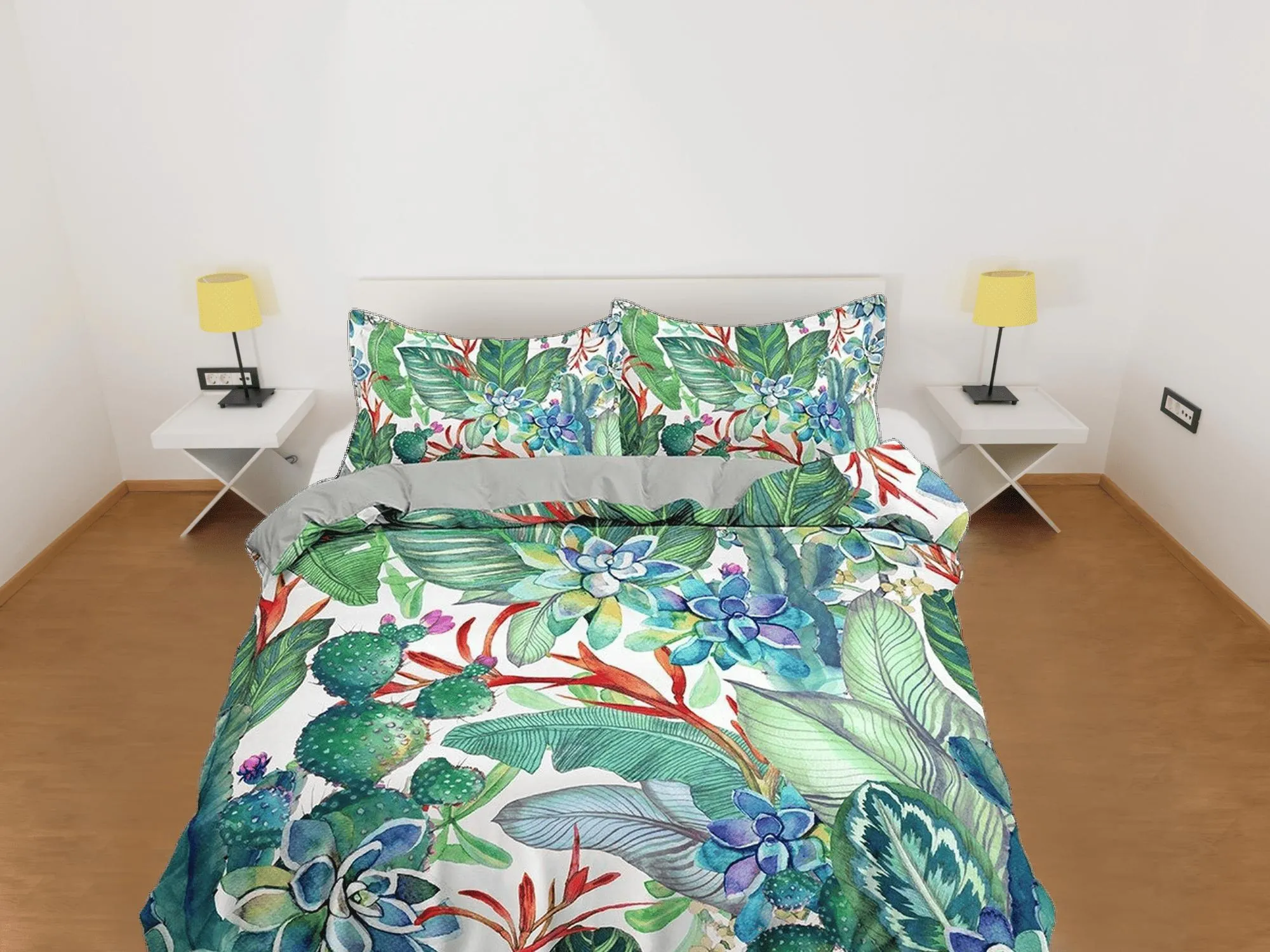 Green bedding succulents duvet cover queen, king, boho duvet, designer bedding, aesthetic bedding, maximalist full size bedding