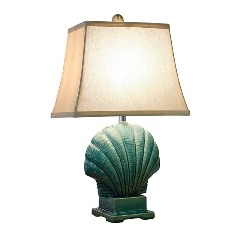 Green/White Ceramic Shell Night Light Table Lamp with Pagoda Shade - Handmade Country Style, 1 Bulb for Bedroom