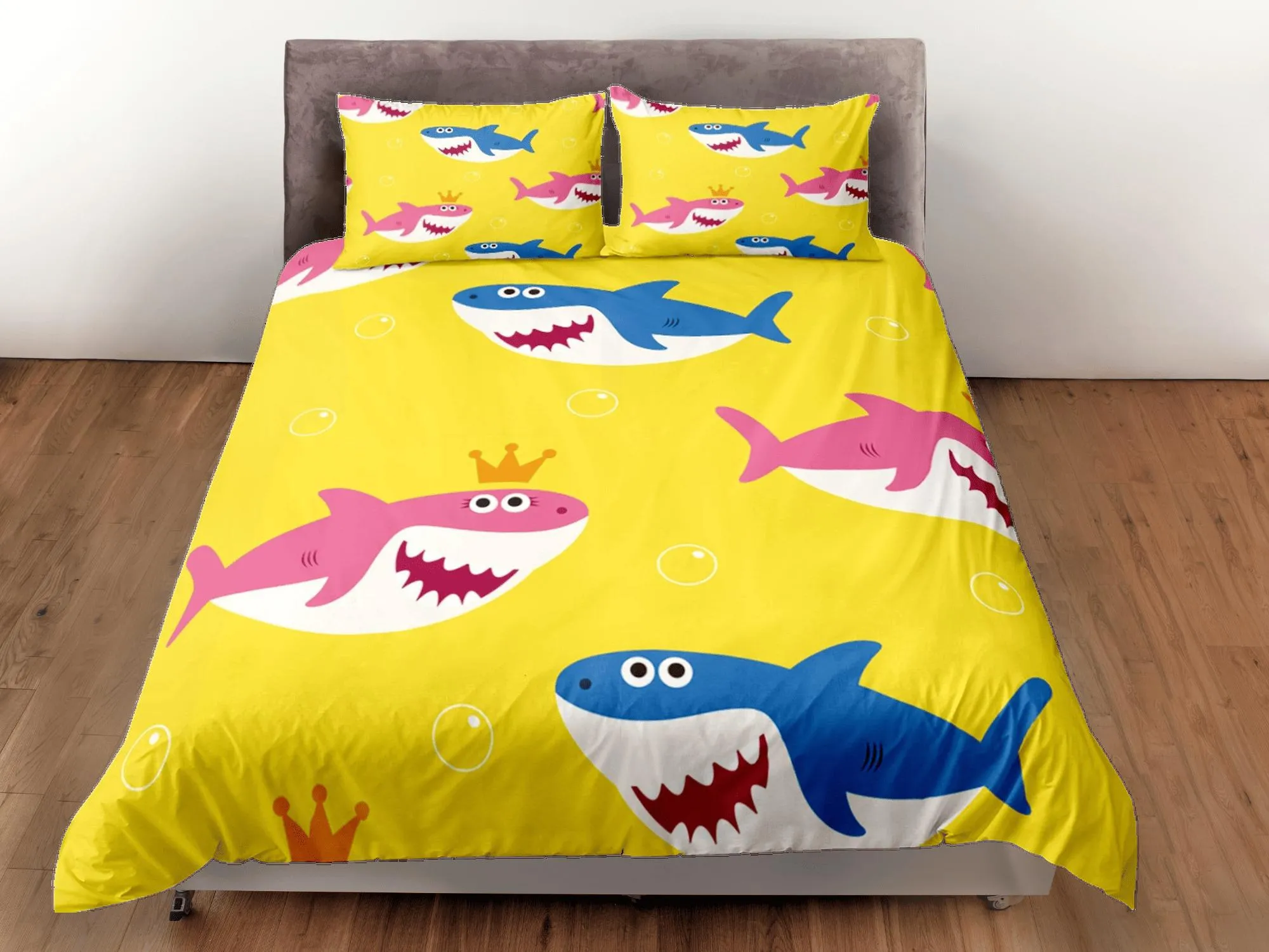 Happy Sharks Yellow Duvet Cover Set Colorful Bedspread, Kids Full Bedding Set with Pillowcase, Comforter Cover Twin