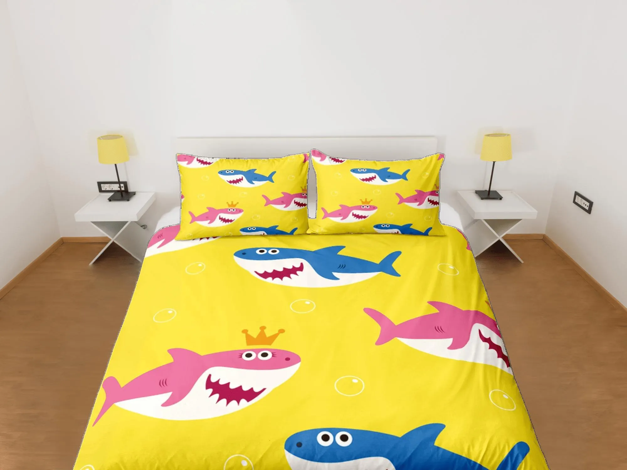 Happy Sharks Yellow Duvet Cover Set Colorful Bedspread, Kids Full Bedding Set with Pillowcase, Comforter Cover Twin