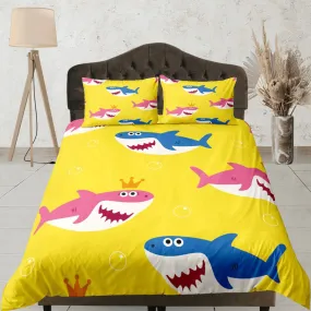 Happy Sharks Yellow Duvet Cover Set Colorful Bedspread, Kids Full Bedding Set with Pillowcase, Comforter Cover Twin