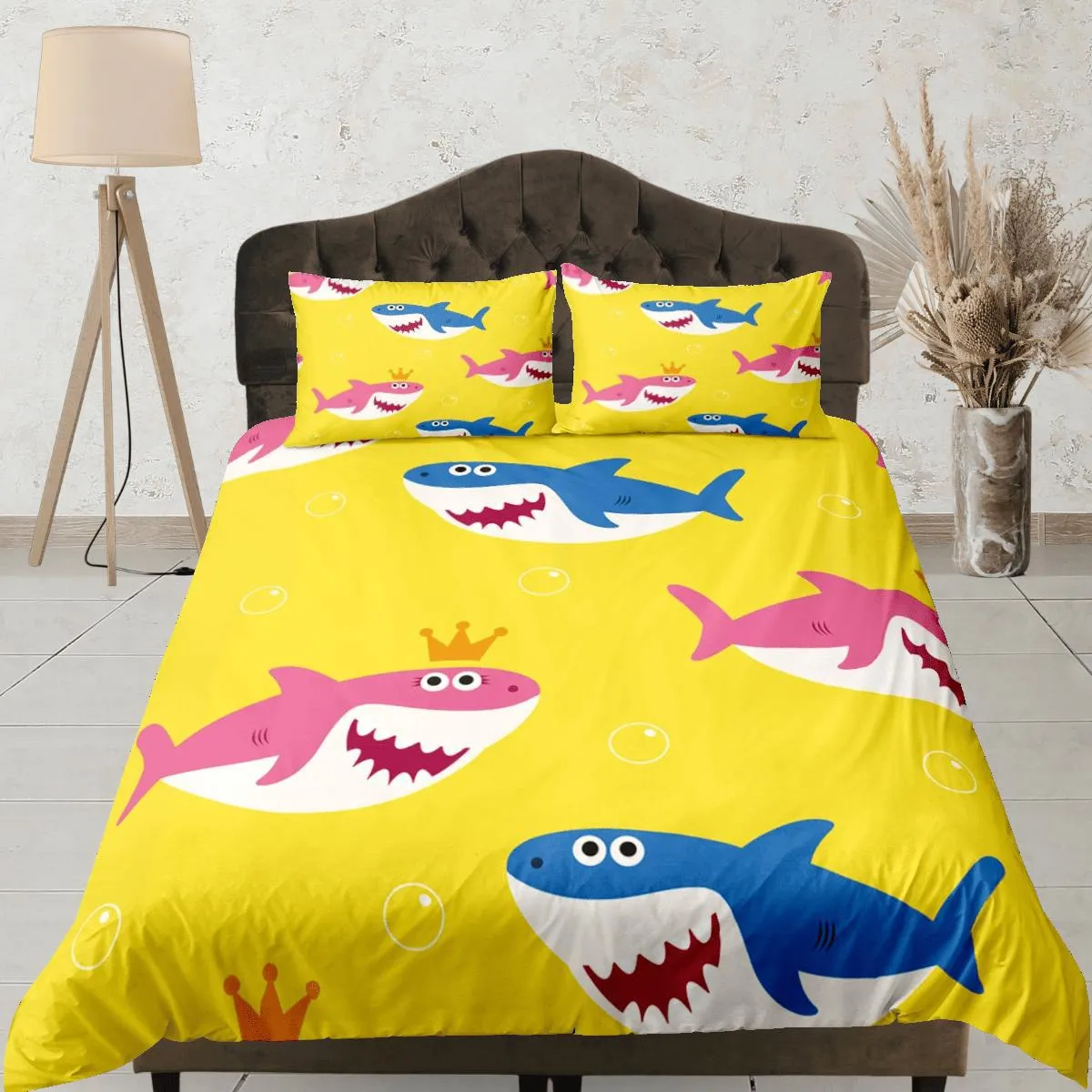 Happy Sharks Yellow Duvet Cover Set Colorful Bedspread, Kids Full Bedding Set with Pillowcase, Comforter Cover Twin