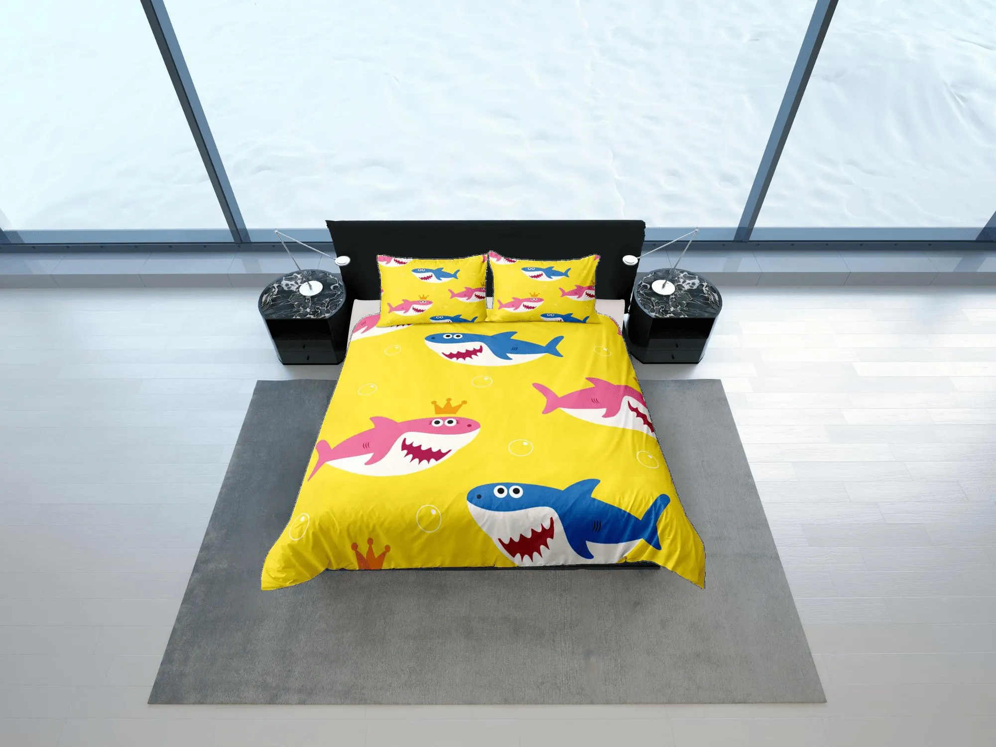 Happy Sharks Yellow Duvet Cover Set Colorful Bedspread, Kids Full Bedding Set with Pillowcase, Comforter Cover Twin