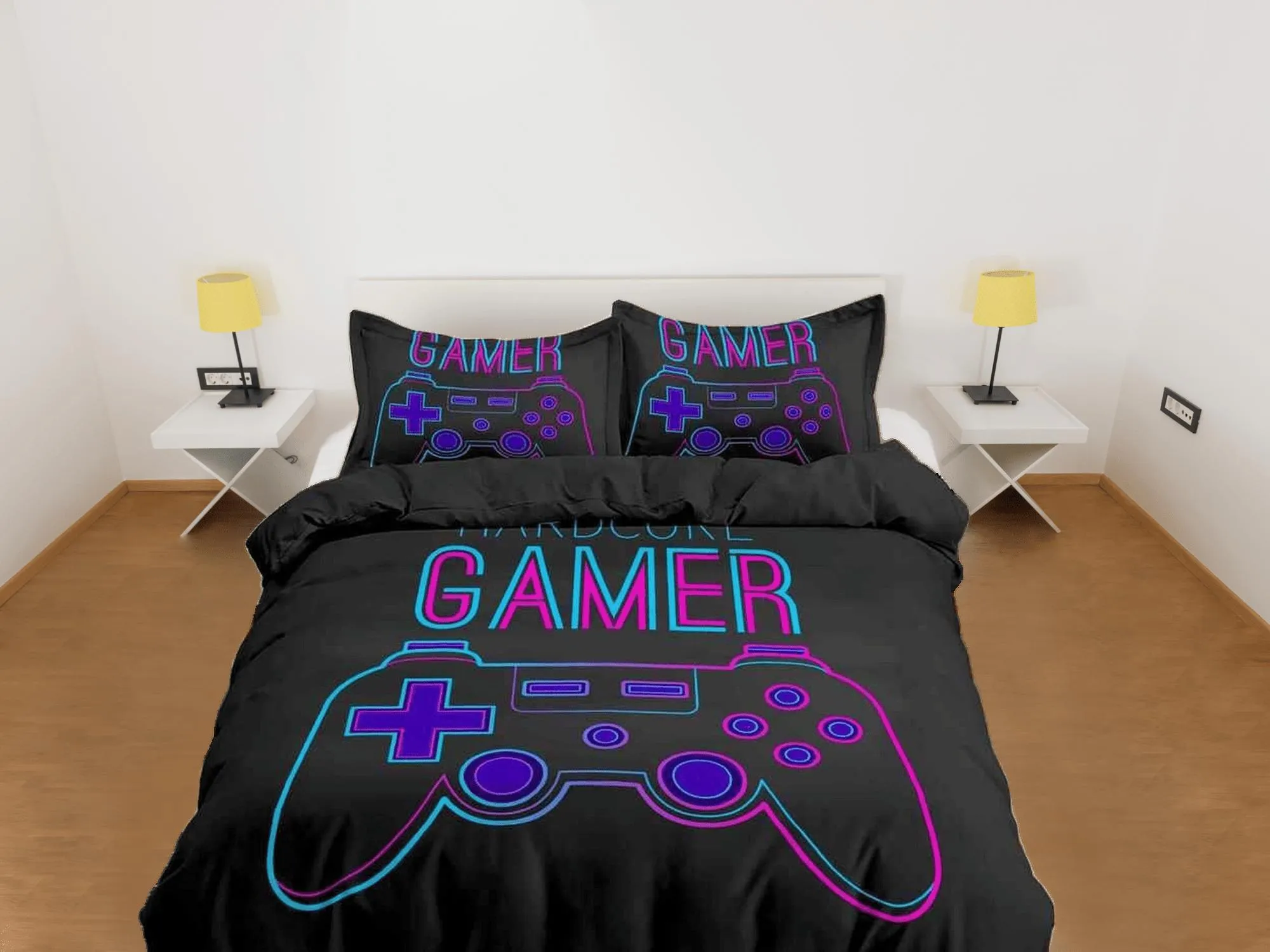 Hardcore gamer neon bedding black duvet cover, video gamer boyfriend gift bedding set full king queen, boys bedroom college dorm bedding