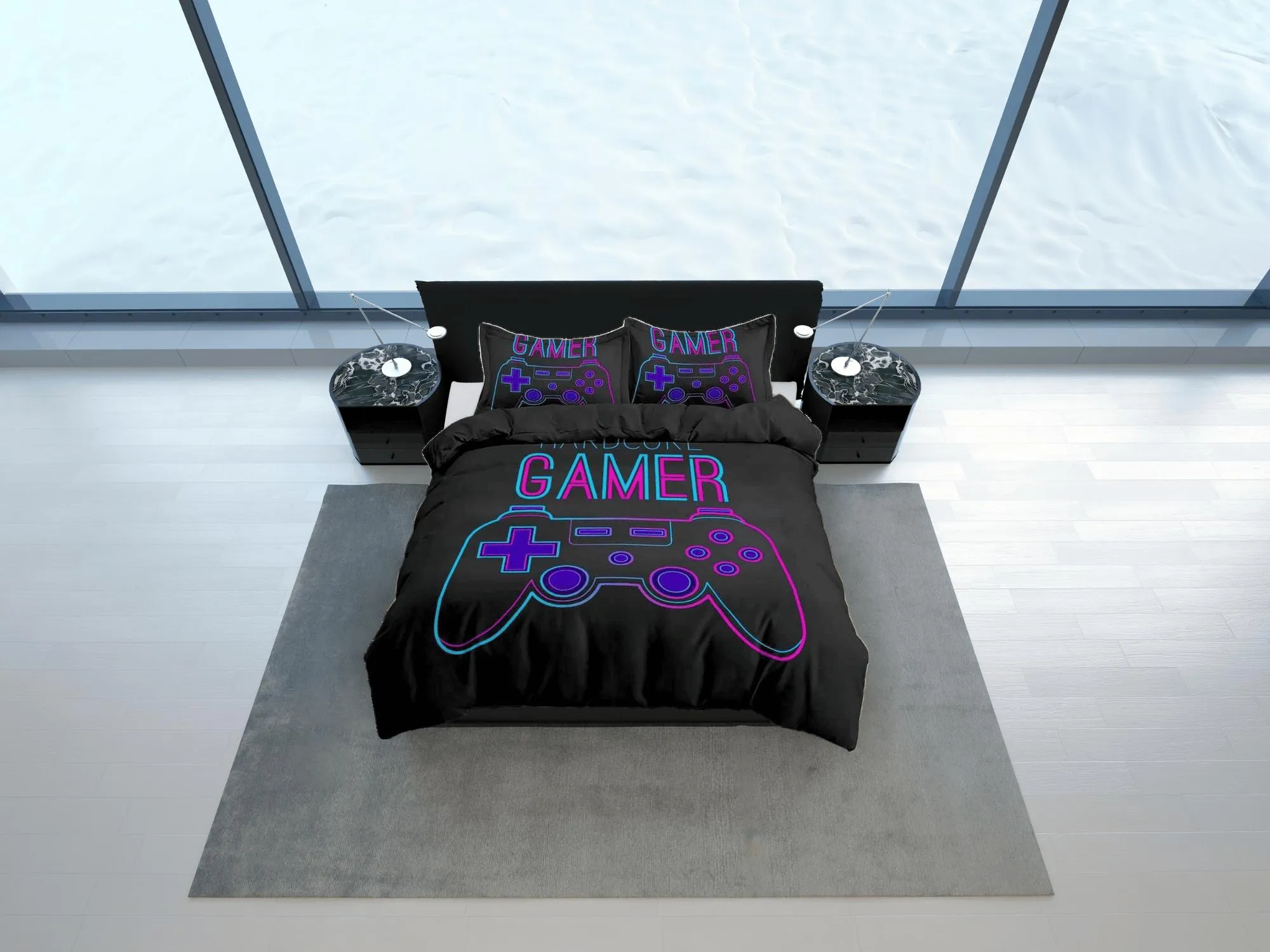 Hardcore gamer neon bedding black duvet cover, video gamer boyfriend gift bedding set full king queen, boys bedroom college dorm bedding